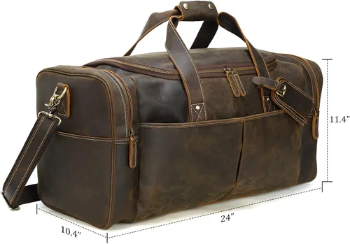 Miniatura 7 de Polare - Bolsa de lona de cuero de grano completo para hombre, de 24 pulgadas, para viajes, gimnasio, deportes, fin de semana, grande, Marrón, Retro