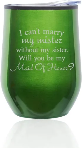 Miniatura 8 de Vaso de vino sin tallo para café, taza de viaje con tapa con la frase "I Can't Marry My Mister Without My Sister Will You Be My Maid Of Honor