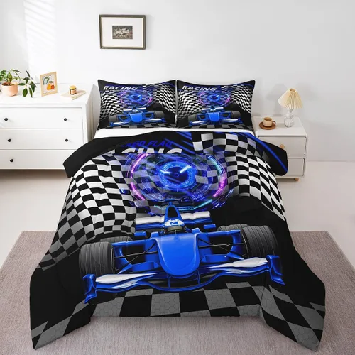 Miniatura 42 de Feelyou Juego de edredón azul de carreras para niños, juego de ropa de cama de coche deportivo para niños y niños, edredón deportivo geométrico a
