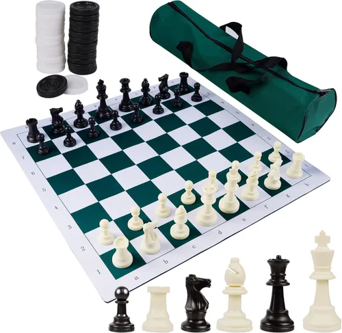 Juegoal Juego de ajedrez y damas portátil de 20", 2 en 1 juegos de mesa de viaje para niños y adultos, juegos de ajedrez plegables enrollables,