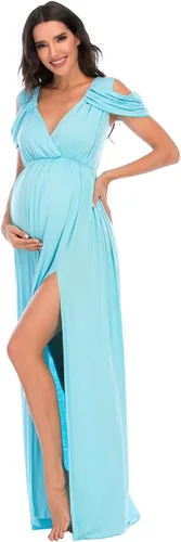ZIUMUDY Vestido de maternidad con hombros descubiertos y cuello en V envuelto para sesión de fotos, vestido maxi para baby shower