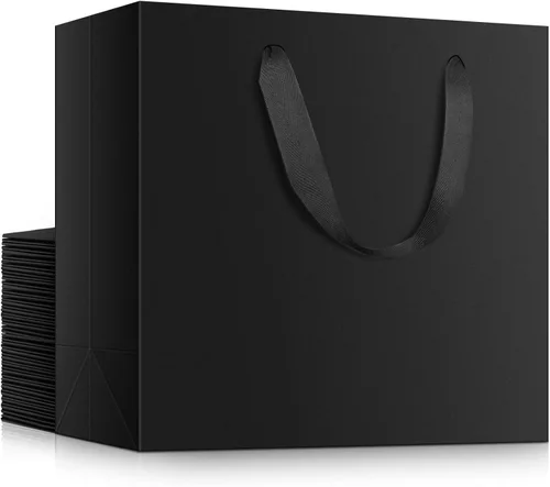 EUSOAR Bolsas de papel de regalo de tamaño pequeño, paquete de 25 bolsas de papel negro resistentes de 8.6 x 3.9 x 7 pulgadas con asas a granel,