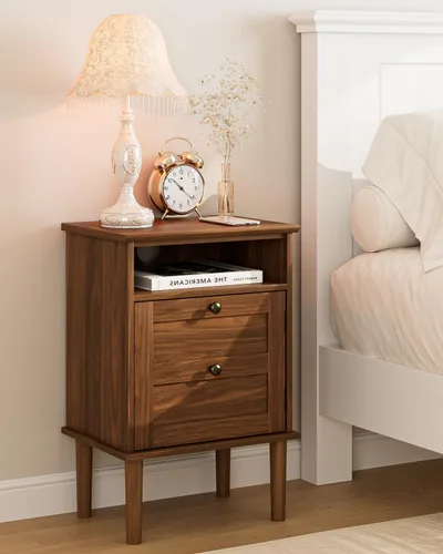 Miniatura 14 de Mesita de noche, mesita de noche bohemia con 1 cajón, mesa auxiliar moderna con estante abierto, mesa auxiliar de noche de madera para dormitorio