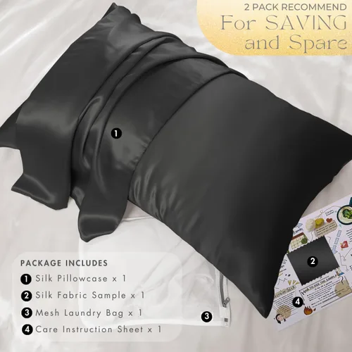 Miniatura 6 de PROMEED Funda de almohada de seda negra de grado 6A+ con cremallera, 23 fundas de almohada de seda de morera natural Momme para cabello y piel, Negro