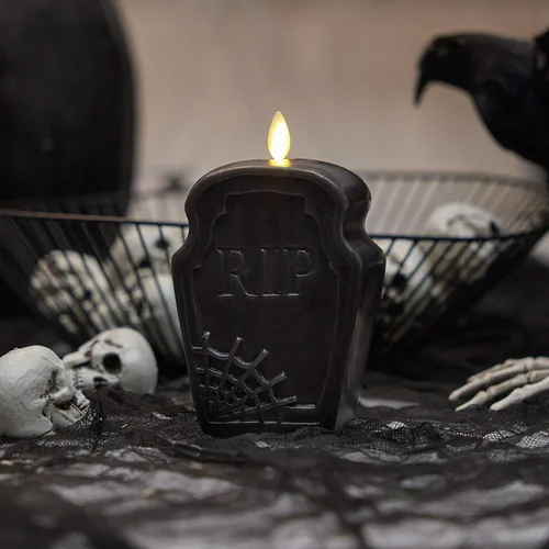 Miniatura 2 de Luminara Vela sin llama negra con diseño de lápida antidesgarros, (2 x 5.5 pulgadas), llama móvil, funciona con pilas, luces LED para decoración