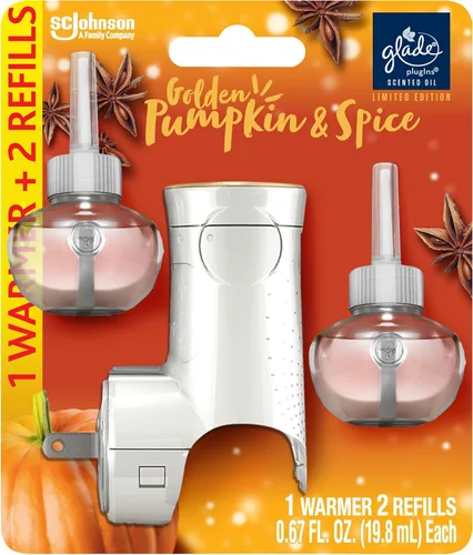 Glade PlugIns - Kit de iniciación de ambientador, aceites esenciales y perfumados para el hogar y el baño, calabaza dorada y especias, 1.34 onzas