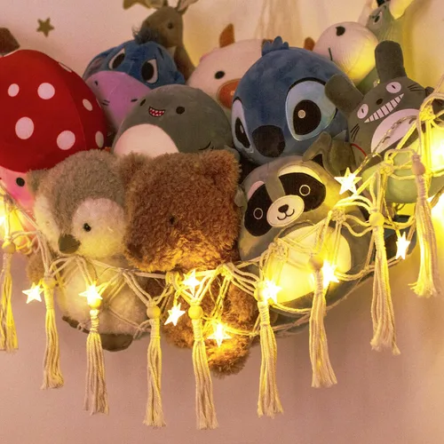 Miniatura 2 de Hamaca de almacenamiento para juguetes de animales de peluche con luz LED - Organizador de esquina para muñecas jumbo de macramé - Redes de Beige