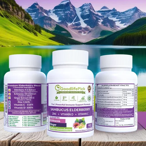 Miniatura 2 de 7 veces saúco con zinc, vitamina C, vitamina D, equinácea, jengibre y grosella espinosa india (Amla). Cápsulas de saúco prémium de 90