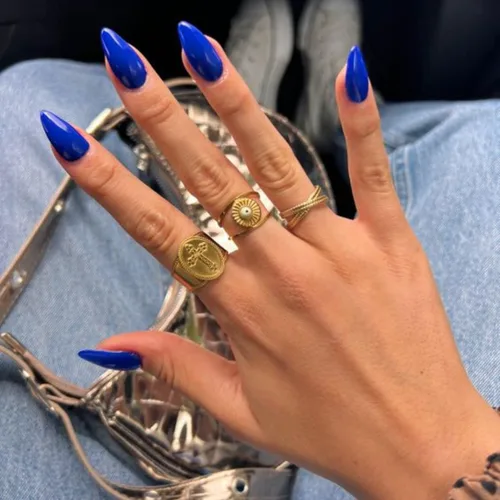 Miniatura 3 de Uñas postizas a presión azul real - Forma de almendra, longitud media, acrílicas neutrales reutilizables para mujeres y niñas - Uñas postizas