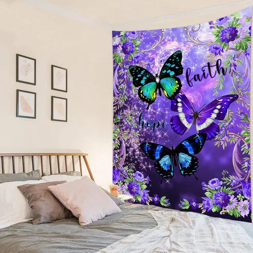 Miniatura 4 de LB Tapiz pequeño de mariposa colorido para colgar en la pared, diseño psicodélico de flores silvestres 3D, mariposas de fantasía floral, arte
