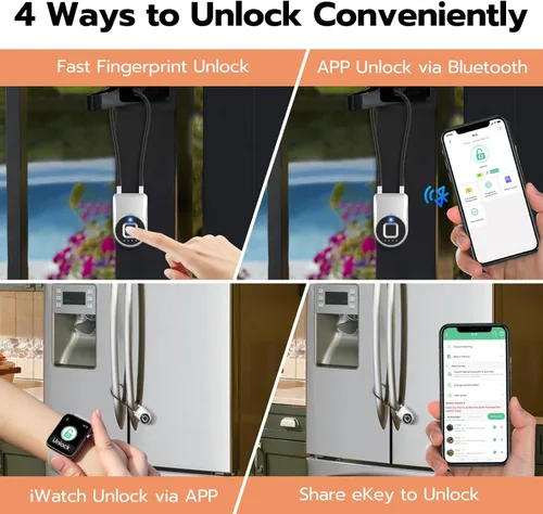 Miniatura 4 de eLinkSmart - Cerradura de cable de huellas dactilares, cerraduras para nevera con control de aplicación Bluetooth, candado inteligente biométrico