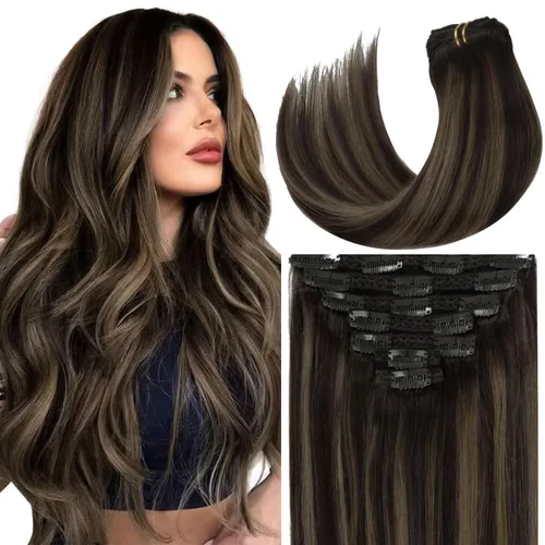 Miniatura 66 de Loxxy Extensiones de cabello humano con clip, sin costuras, 22 pulgadas, color marrón oscuro a castaño oscuro y marrón oscuro, 7 piezas