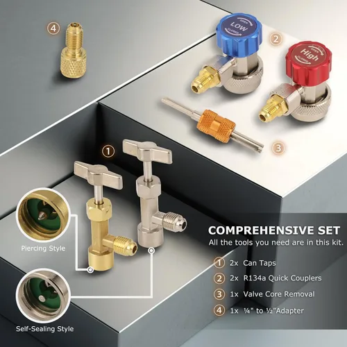 Miniatura 5 de Juego de manómetro de 3 vías de AC, compatible con refrigerantes R134A R12 R22 y R502, con manguera de 5 pies, adaptadores de tanque Acme