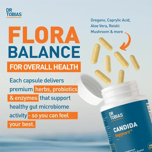 Miniatura 2 de Dr. Tobias Candida Support, complejo de equilibrio de flora intestinal con orégano, ácido caprílico, enzimas y probióticos, apoya la limpieza