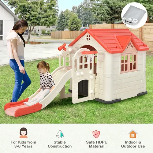 Miniatura 7 de Costzon Juego de casa de juegos y tobogán para niños, casa de juegos 7 en 1 al aire libre con puertas y ventanas de trabajo, mesa de picnic, juego