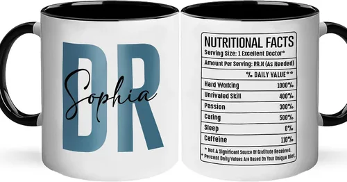 A62227 - Taza de regalo de graduación personalizada con datos nutricionales de doctorado, nombre personalizado y año para mujeres, regalos de nuevo