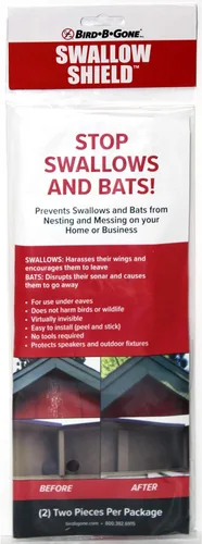 Bird B Gone - Swallow Shield - Tiras adhesivas transparentes de 3 x 11 pulgadas (paquete de 2) - Prevención de anidación física para aleros y