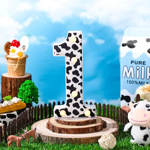Miniatura 7 de VIHOSE Números con estampado de vaca clara, centros de mesa de cumpleaños, decoración de granja, letrero luminoso con números para fiesta temática