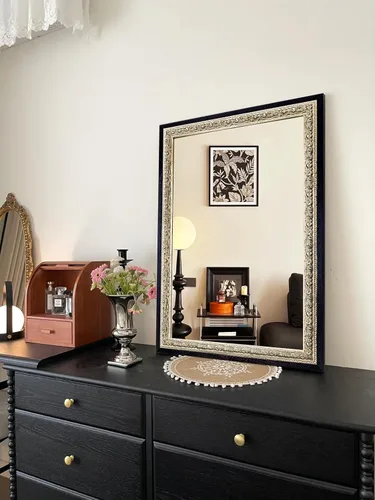 Miniatura 4 de Espejo de baño vintage negro grande, 40 x 28 pulgadas, espejo de pared antiguo para tocador, marco de madera de pétalos de flores de lámina