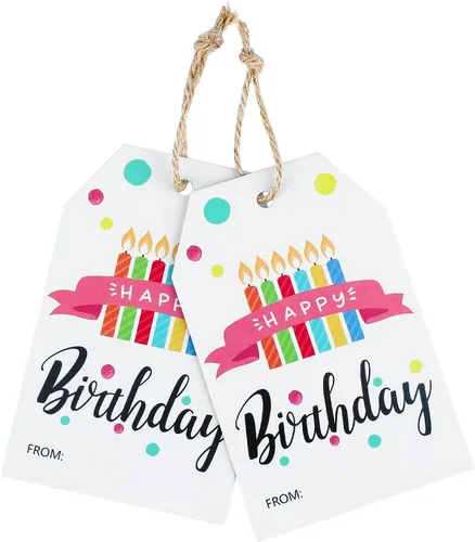 Joycraft Etiquetas de regalo de feliz cumpleaños con cuerda, 100 velas coloridas, etiquetas de papel personalizadas para baby shower, adultos, niños