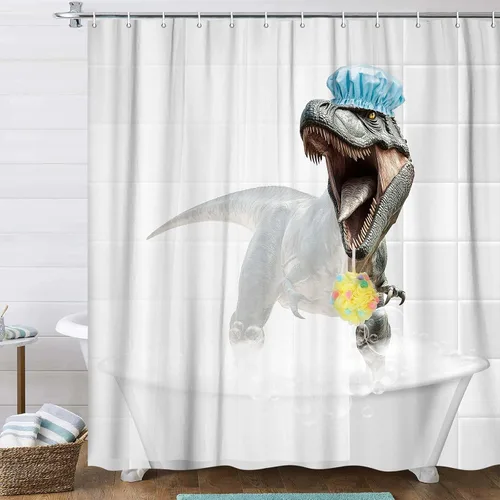 Miniatura 2 de Divertidas cortinas de ducha de tela de dinosaurio, cortina de ducha con diseño de animales Raptor, tiranosaurio Rex, cortina de ducha blanca