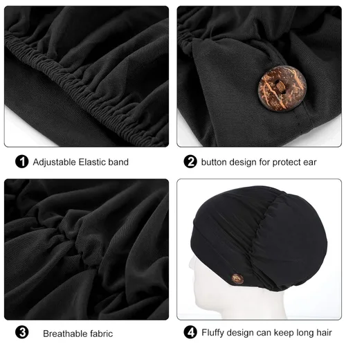 Miniatura 3 de Geyoga Gorras Bouffant con botones, unisex, elástica, turbante con botones para mujer, 3 piezas, Negro, Talla única
