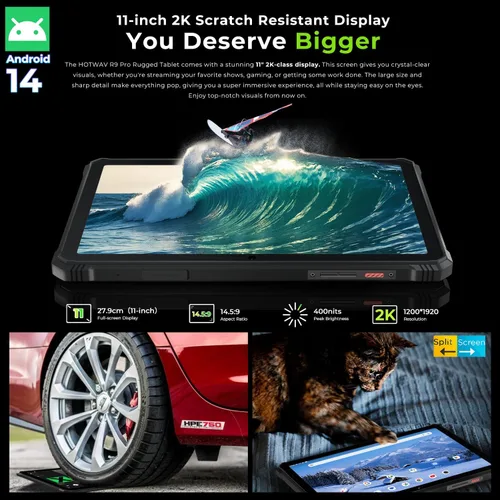 Miniatura 2 de HOTWAV R9 Pro 2025 Tablet Resistente 2K de 11 Pulgadas Android 14, Tablet Impermeable de 20080mAh 20GB+256GB/2TB TF Tablets para Exteriores Negro