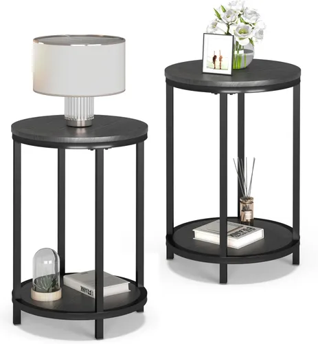 Miniatura 8 de NSdirect Mesa auxiliar redonda, mesa auxiliar de madera rústica de 16 pulgadas y patas de metal resistentes para sala de estar, dormitorio, mesa