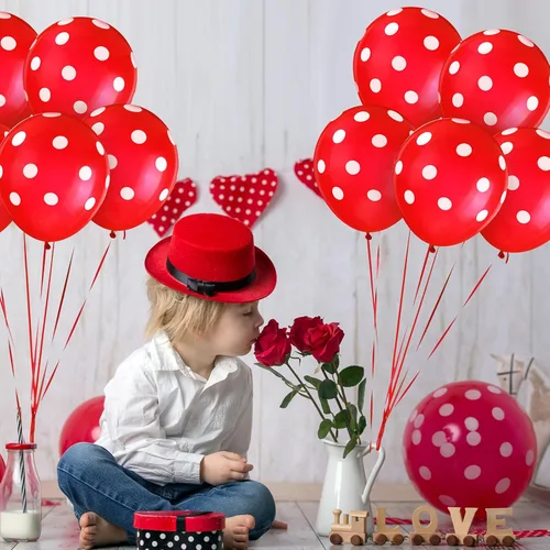 Miniatura 4 de Sumind 100 globos de látex de lunares negros y rojos, decoraciones de mariquita y fresa para decoración de fiestas, cumpleaños, suministros de boda
