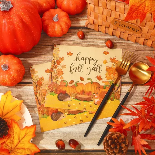 Miniatura 5 de Whaline Paquete de 80 servilletas de papel de otoño coloridas de calabaza con hojas de otoño para almuerzo, servilletas desechables de postre