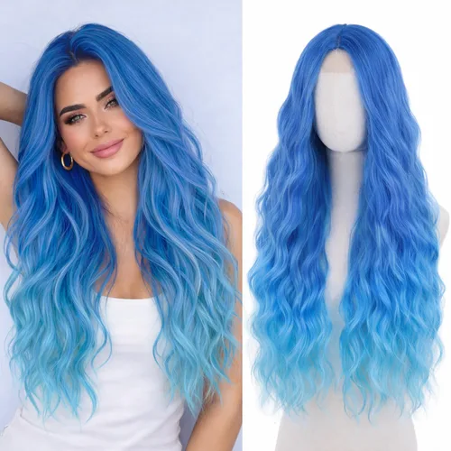 Peluca azul larga natural ondulada sintética de fibra resistente al calor, peluca azul con ondas de agua para Halloween, cosplay, fiesta diaria Azul