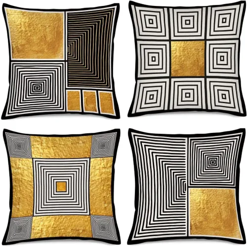 Juego de 4 fundas de almohada decorativas de color negro y dorado, abstractas y modernas, con líneas geométricas minimalistas para sofá, silla, sala