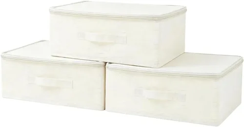 Caja de almacenamiento de ropa de tela con tapa con cremallera, paquete de 3 organizadores de armario a prueba de polvo, cajas plegables para sala