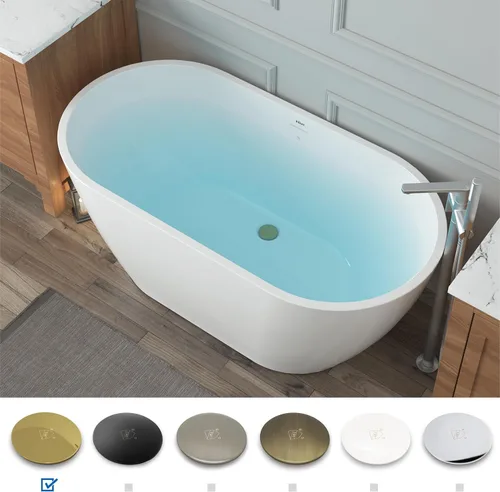 Miniatura 3 de FerdY Bali - Bañera independiente de 55 pulgadas, color blanco brillante con drenaje dorado pulido y desbordamiento ranurado integrado, certificado