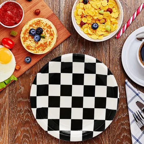 Miniatura 7 de 40 piezas de suministros para fiesta de cumpleaños de autos de carreras, suministros de fiesta a cuadros en blanco y negro, plato de papel a cuadros