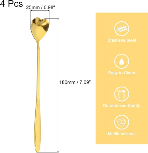 Miniatura 2 de uxcell 4 cucharas de flores de acero inoxidable de 7 pulgadas de mango largo, cucharadita de corazón, cuchara de helado, cucharas de café