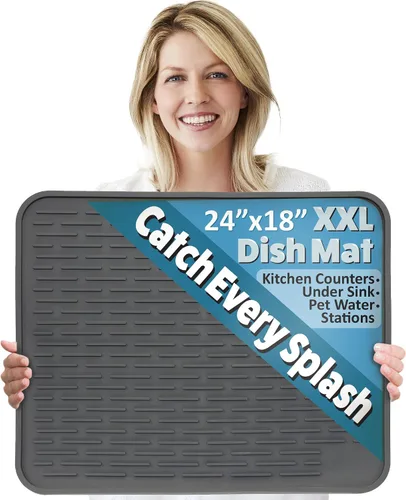 Tapete de secado de platos de silicona XXL para encimera de cocina o debajo del fregadero, 24 x 18 pulgadas, extragrande, tapete impermeable para