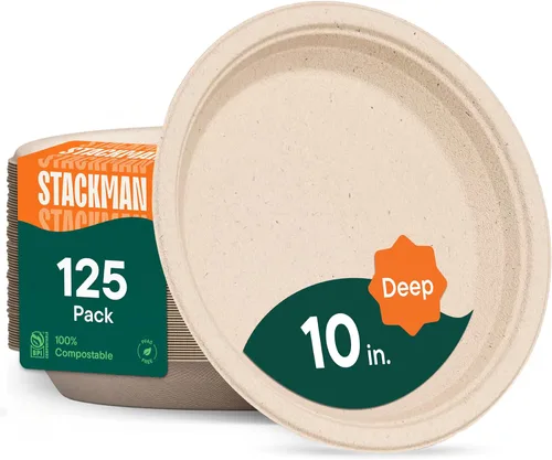 Miniatura 10 de Platos de papel desechables 100% compostables, 3 compartimentos, [125 unidades] - {Sin PFAS} - {Certificado BPA} - [10 pulgadas] Bandejas