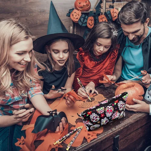 Miniatura 5 de TaoBary 12 bolígrafos de calavera de azúcar con estuche para lápices, bolígrafos retráctiles, bola de clic, bolsa de regalo de calavera de azúcar