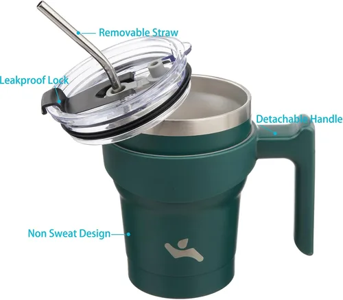 Miniatura 2 de Konokyo - Vaso de 10 onzas con asa y 2 popotes, 2 tapas, botella de agua aislada de acero inoxidable, taza de viaje reutilizable, color verde militar