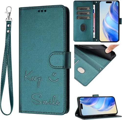Miniatura 11 de Flip Wallet Case for Motorola Moto E32 4G (Int'l), Keep Smile Embossed Leather Cover with Card Slots, RFID Blocking, Kickstand, Wrist Strap Black.