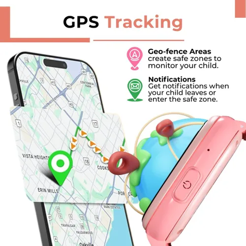 Miniatura 5 de Reloj inteligente para niños con rastreador GPS, llamadas de audio y video, alertas SOS, cámara HD, rastreador de fitness, controles parentales