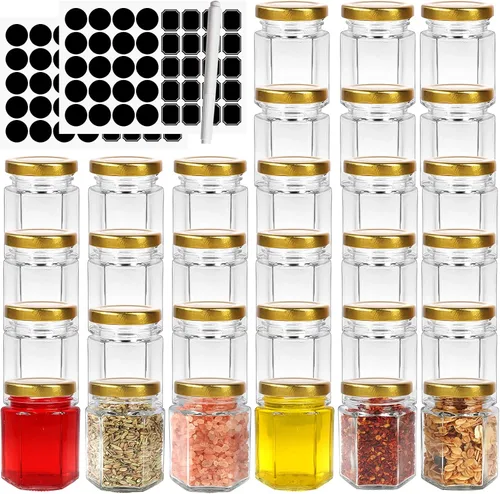 Miniatura 9 de Mini tarros de miel de 1.5 onzas, paquete de 48 tarros hexagonales de vidrio con tapas doradas para recuerdos de boda, recuerdos de fiesta
