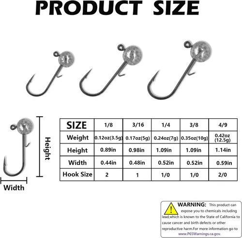 Miniatura 2 de 50 ganchos de pesca con púas – Kit de cabezas de plantilla de bola redonda, 1/6 oz, 1/4 oz, 1/8 oz, 1/2 oz para pesca de lubina trucha de agua