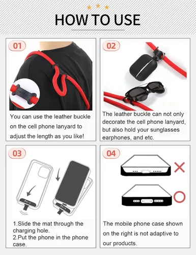 Miniatura 5 de Cordón para teléfono celular ×1, Pestaña de sujeción ×2, Correa de teléfono ajustable universal, Cruzada, Cordón para el cuello, Correa de cuerda