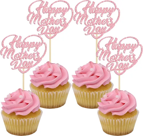 Miniatura 8 de Gyufise 1 pieza de decoración de pastel para el Día de la Madre con purpurina de corazón Love You Mom Cake Pick Rose Flower Best Mom Cupcake Decor