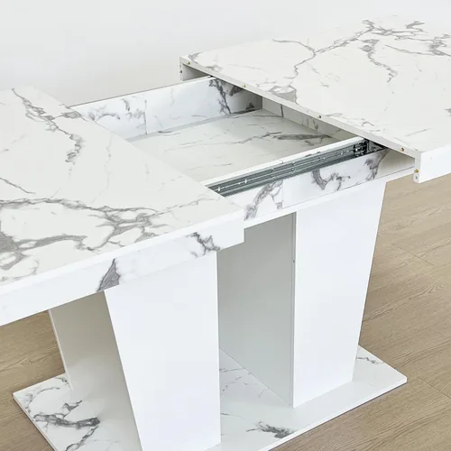 Miniatura 3 de Juego de mesa de comedor extensible de mármol sintético de 7 piezas para 6, mesa de comedor extensible blanca de 78.74 pulgadas con juego de 6