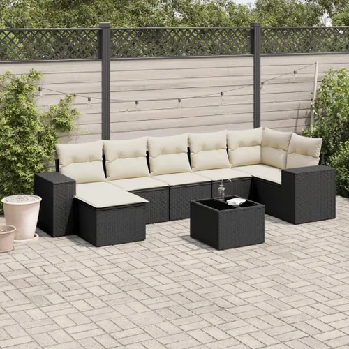 8-Piece Black PE Rattan Modular Garden Sofa Set with Cream Cushions, Durable Outdoor Furniture for Patio, Terrace, Balcony, UV-Resistant Wicker