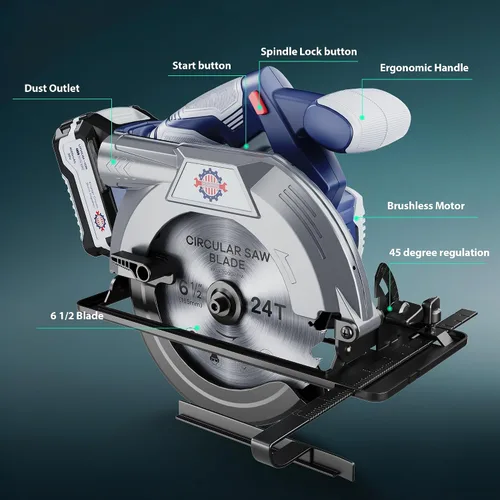 Miniatura 2 de Sierra circular inalámbrica sin escobillas de 20 V 6-1/2 pulgadas con freno, 5600 RPM, kit de sierra circular de batería de 4.0Ah con cargador