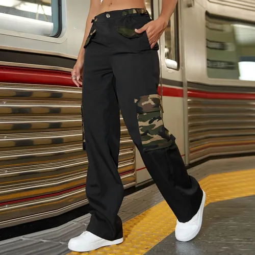 Miniatura 5 de Camouflage Pocket Y2k Cargo Pants for Woman,Slim Solid Pants Buttons Waist Straight Pants Plus Size Womans Sweatpants